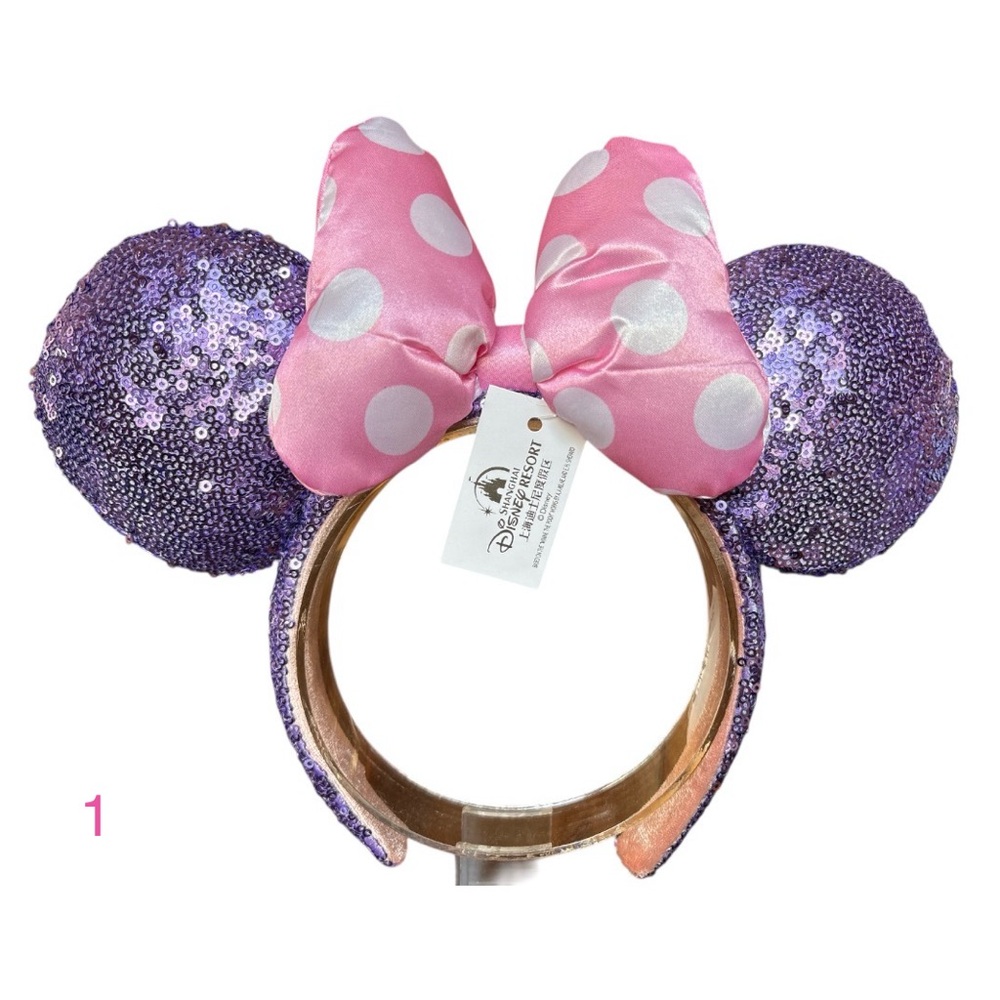 Disney Parks Minnie Mouse Purple Sequin Ears Pink Puffy Polka Dot Bow NWT 1